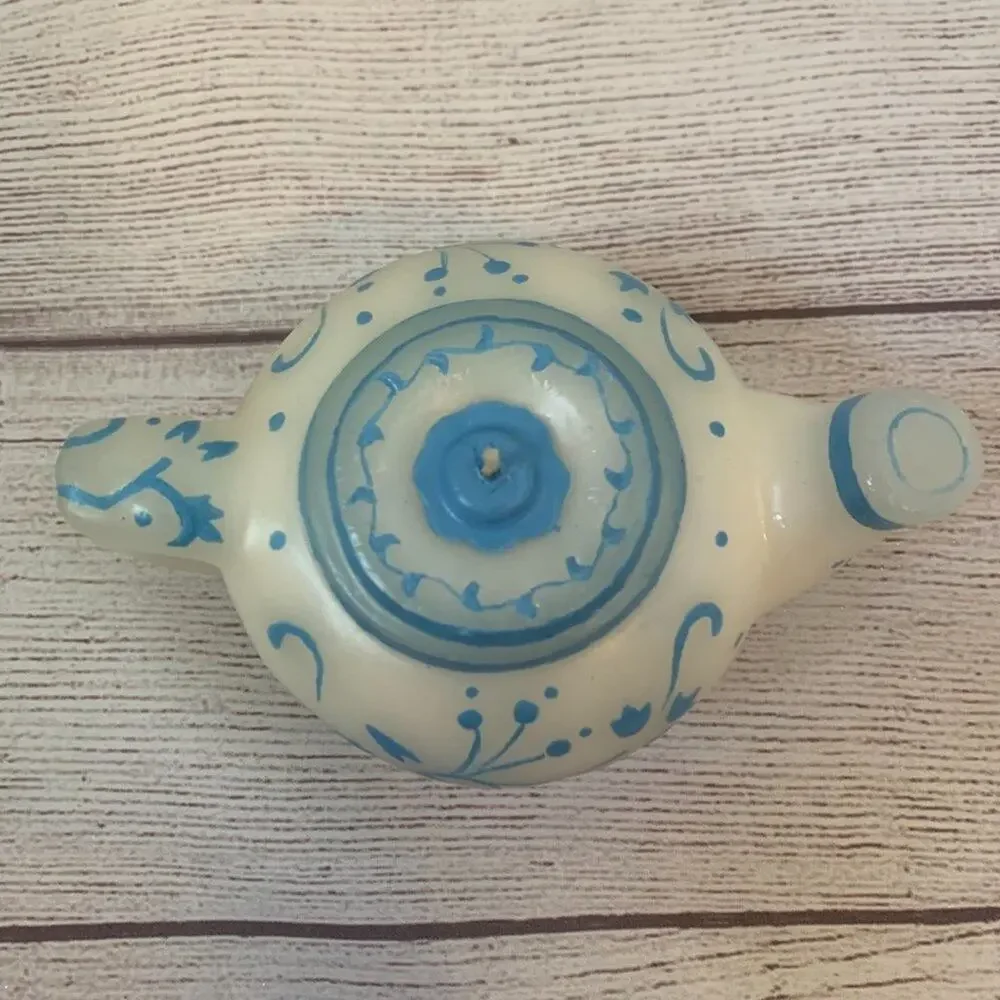 Teapot Shaped Candle White with Blue Floral Design Unlit 2 1/2